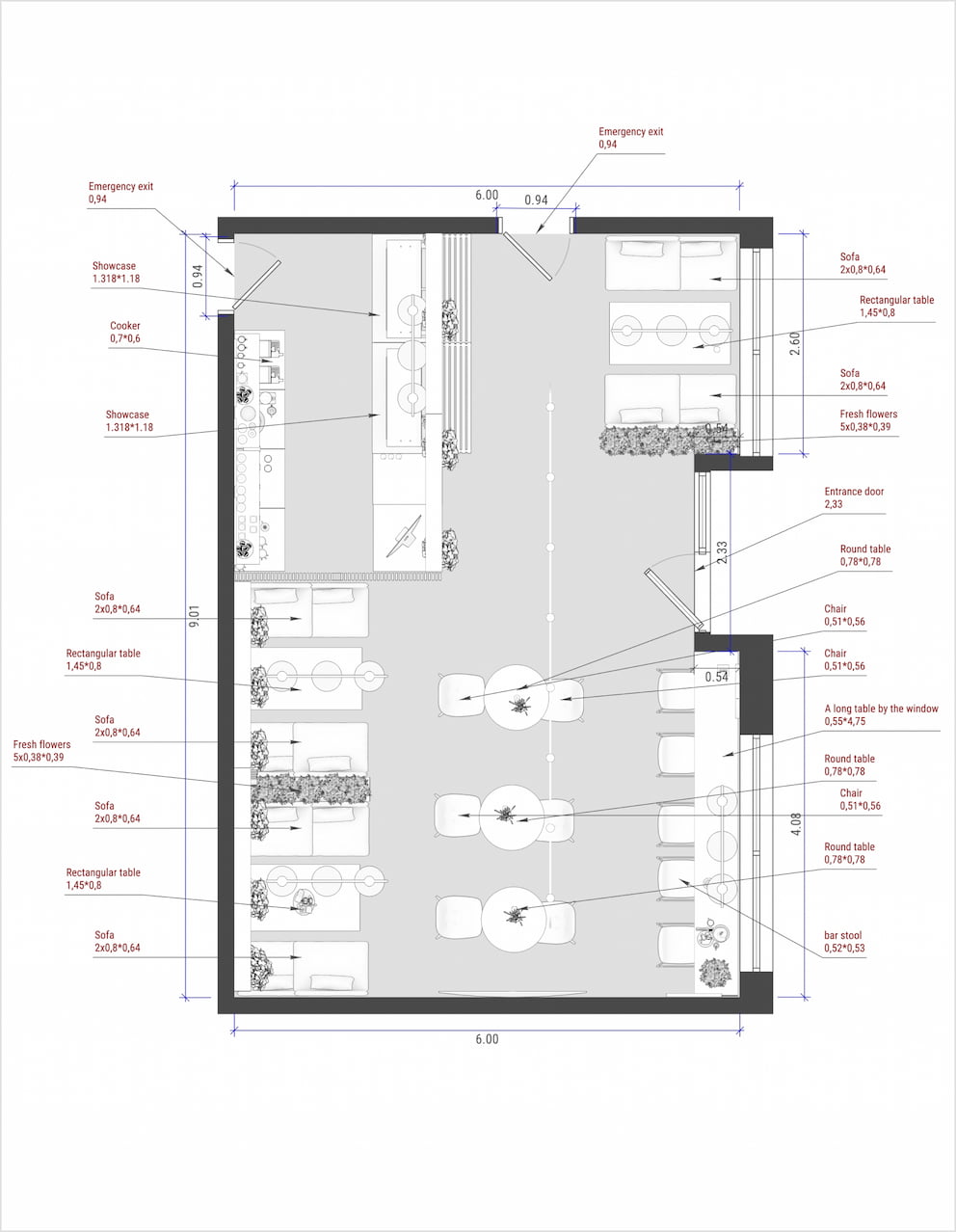 Anordnung der Möbel in einem Café